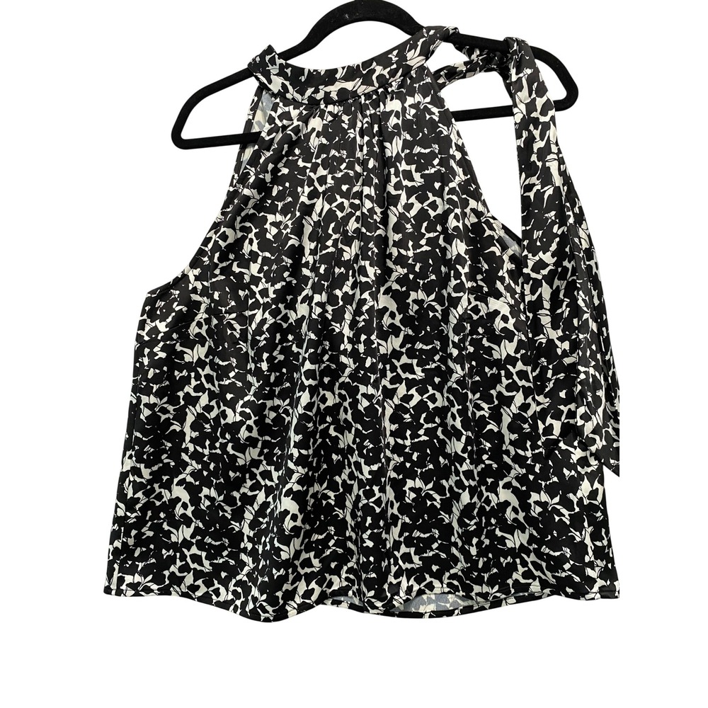 INC Halter Top Women XL Black White Floral Tie Neck Sleeveless Blouse Pleated